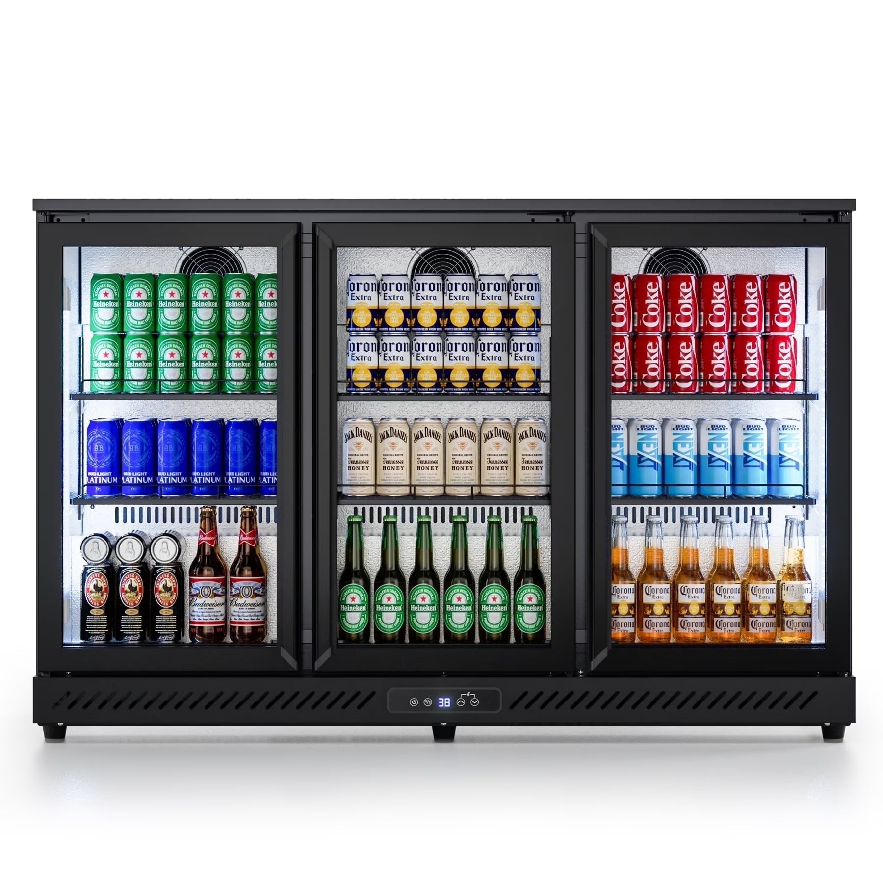 OUTBID 53" Under Counter Beverage Cooler, 12.5 Cu.Ft Three-Sided Glass Door, LED & LCD Display