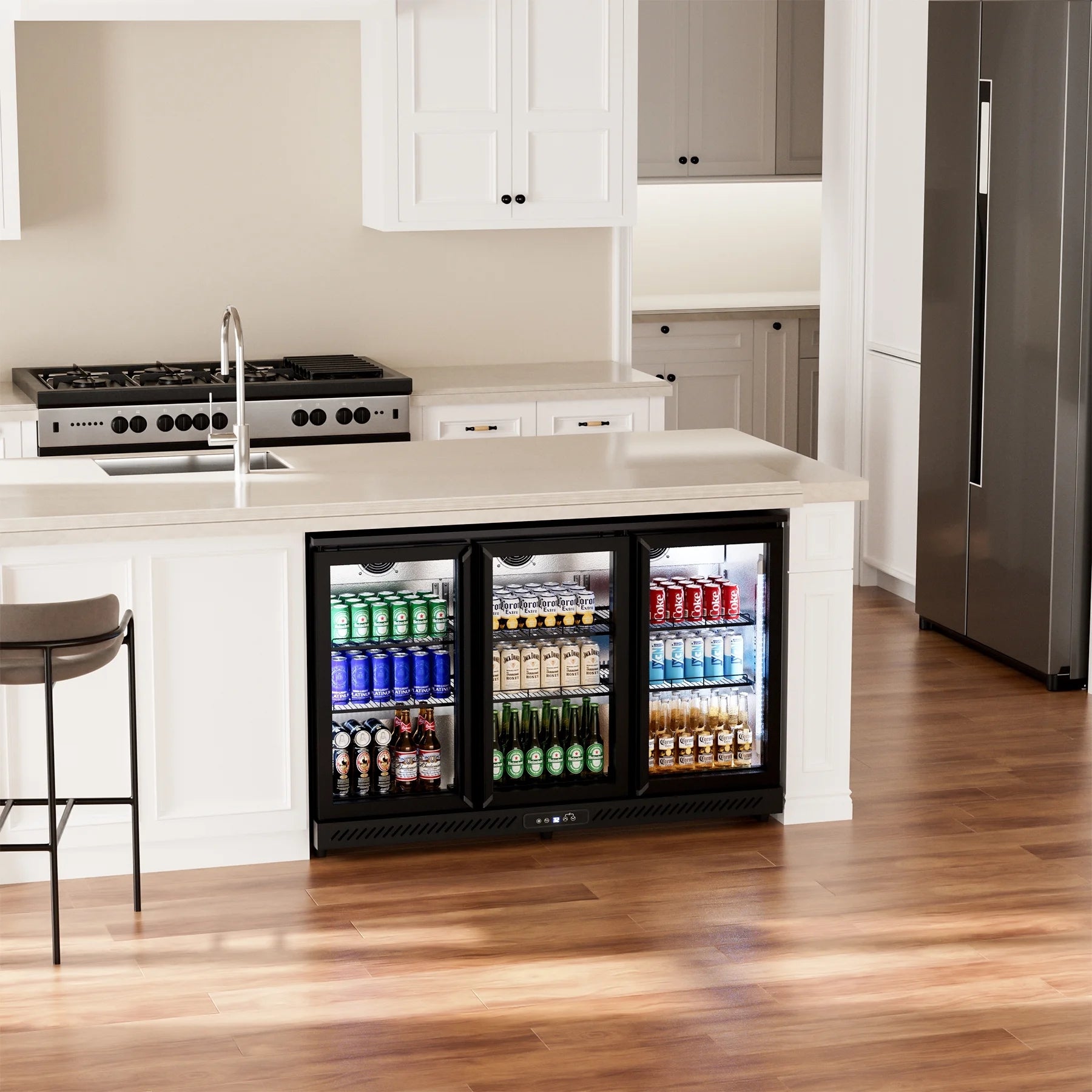 OUTBID 53" Under Counter Beverage Cooler, 12.5 Cu.Ft Three-Sided Glass Door, LED & LCD Display