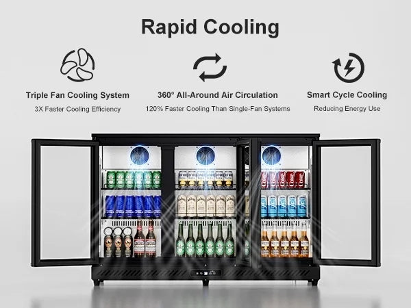 OUTBID 53" Under Counter Beverage Cooler, 12.5 Cu.Ft Three-Sided Glass Door, LED & LCD Display