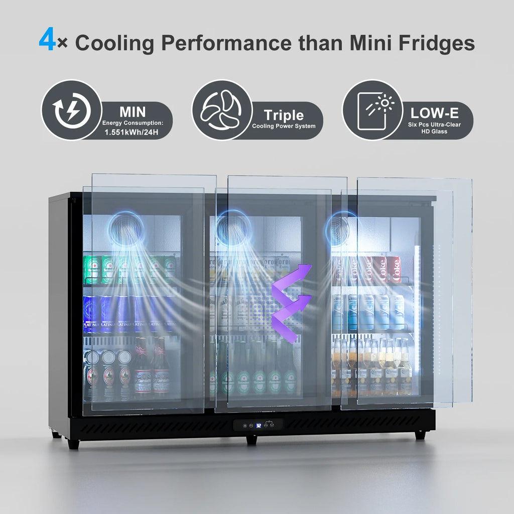 OUTBID 53" Under Counter Beverage Cooler, 12.5 Cu.Ft Three-Sided Glass Door, LED & LCD Display