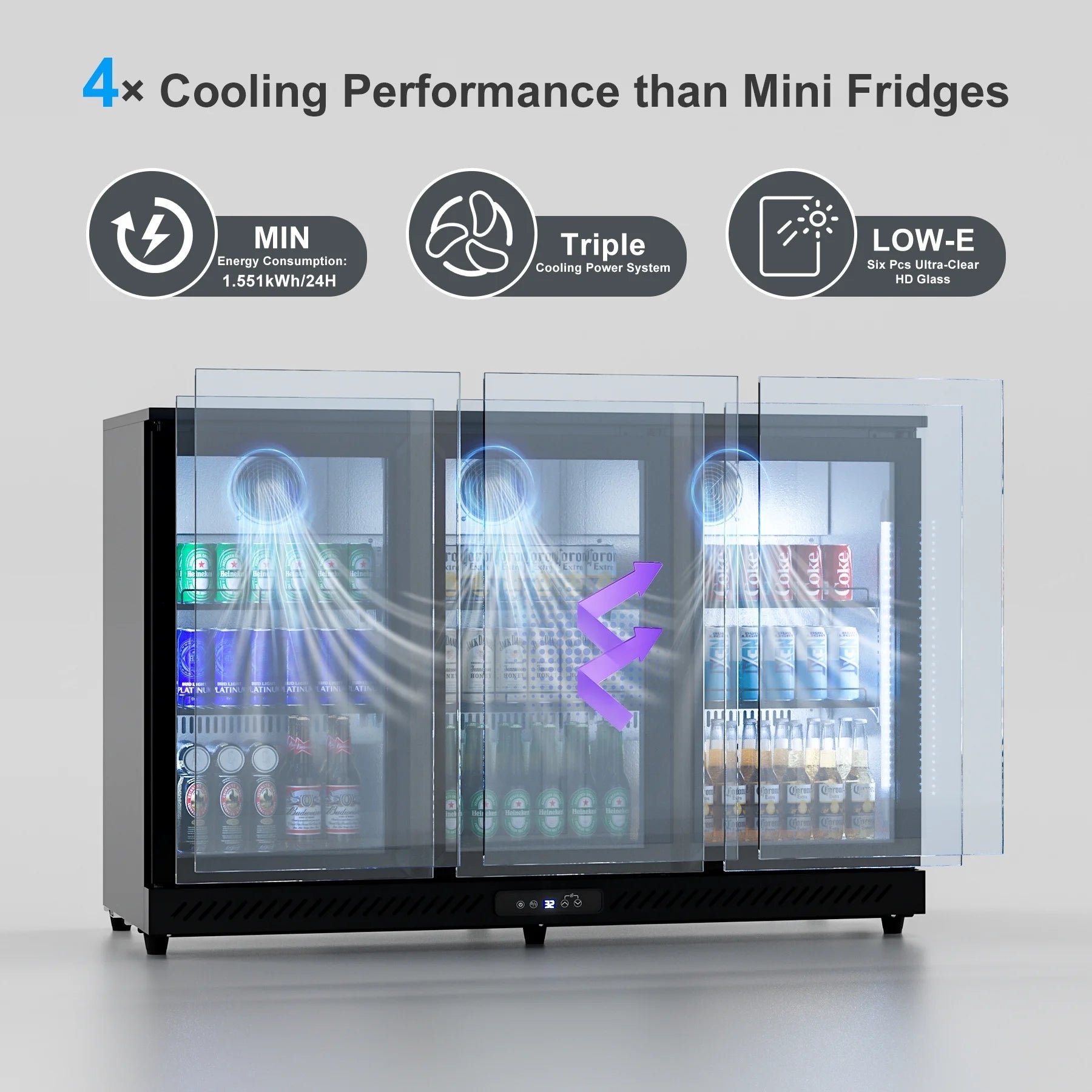 OUTBID 53" Under Counter Beverage Cooler, 12.5 Cu.Ft Three-Sided Glass Door, LED & LCD Display