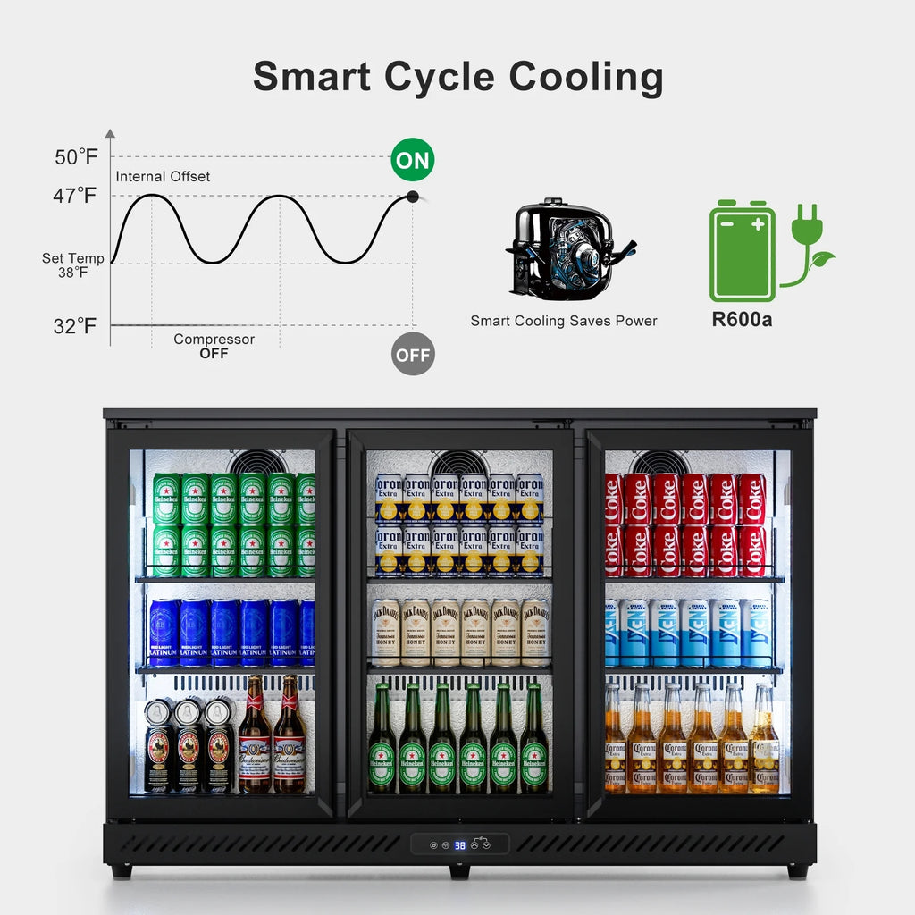 OUTBID 53" Under Counter Beverage Cooler, 12.5 Cu.Ft Three-Sided Glass Door, LED & LCD Display