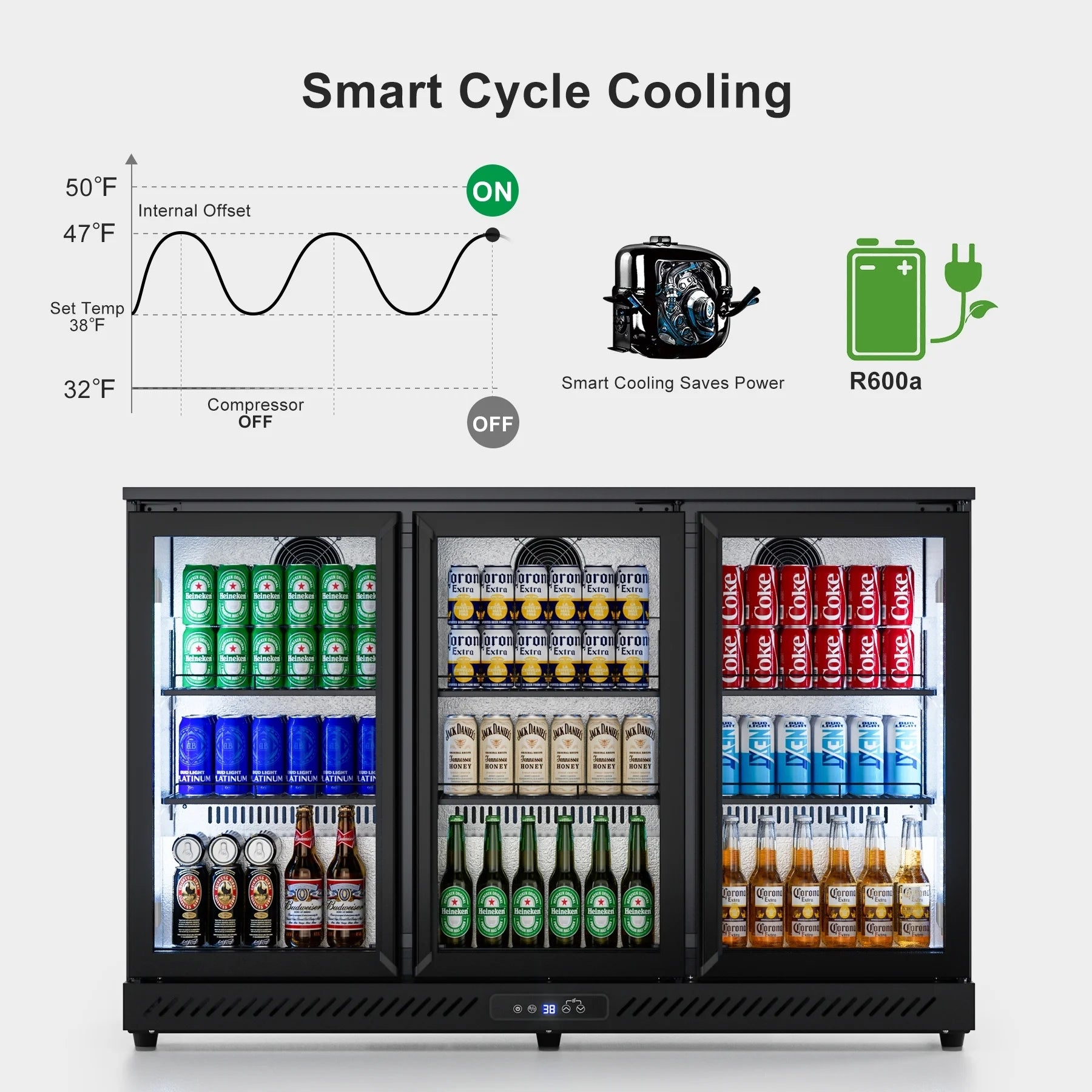 OUTBID 53" Under Counter Beverage Cooler, 12.5 Cu.Ft Three-Sided Glass Door, LED & LCD Display