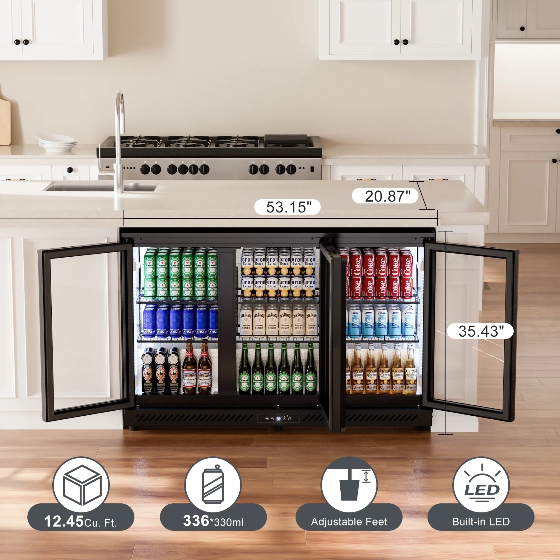 OUTBID 53" Under Counter Beverage Cooler, 12.5 Cu.Ft Three-Sided Glass Door, LED & LCD Display