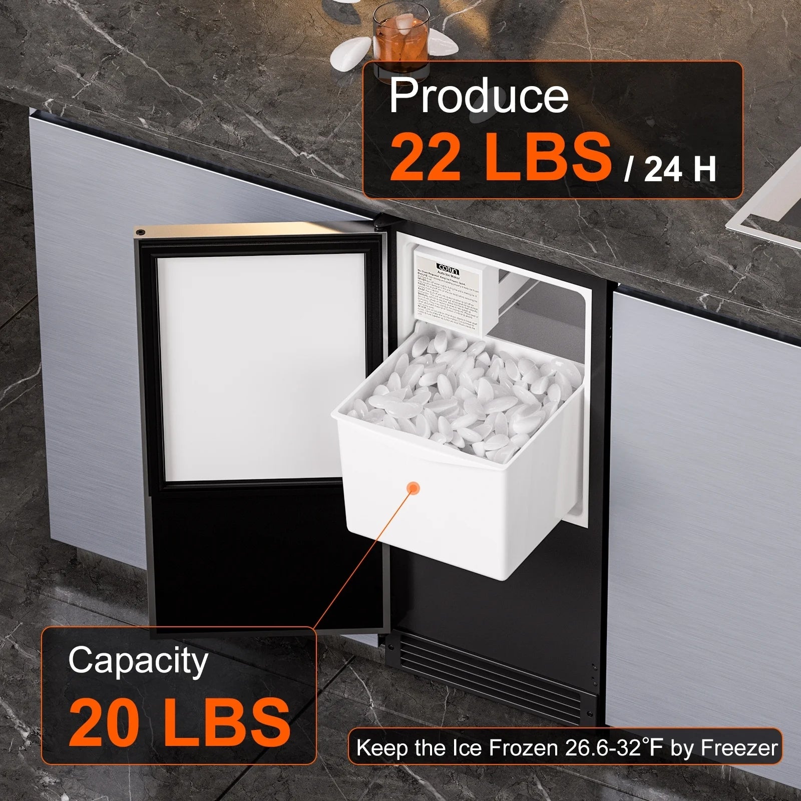 OUTBID 15" Built-in Crescent Ice Maker, No Drain Required, Under Counter Ice Machine for Kitchen, ETL Certification