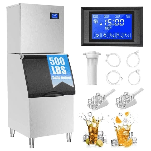 OUTBID 500LBS/24H Split Commercial Ice Maker, 350LBS Bin, Nugget & Clear Cube Pellet Ice, 8-15min Ice-Ready