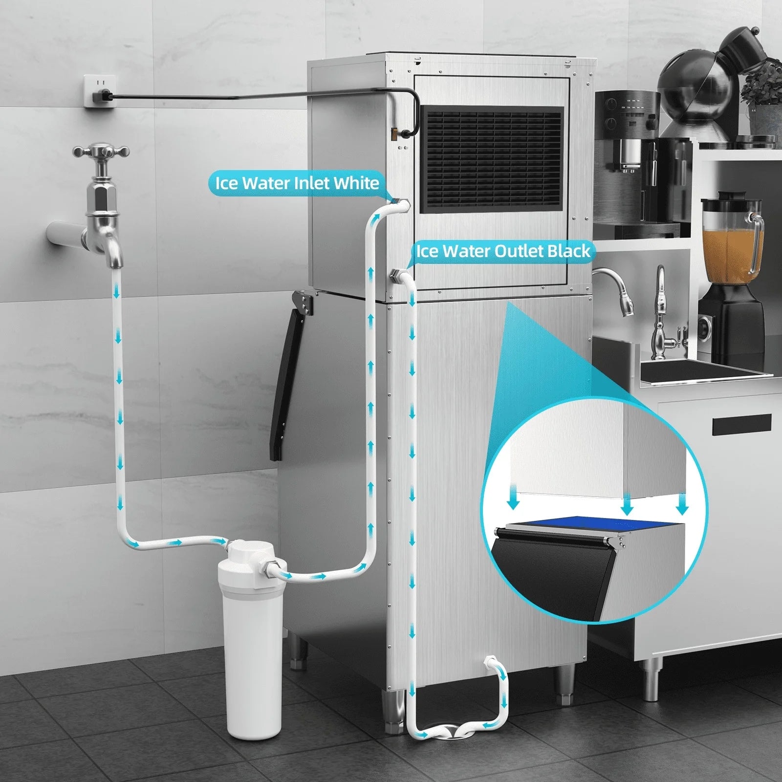 OUTBID 500LBS/24H Split Commercial Ice Maker, 350LBS Bin, Nugget & Clear Cube Pellet Ice, 8-15min Ice-Ready