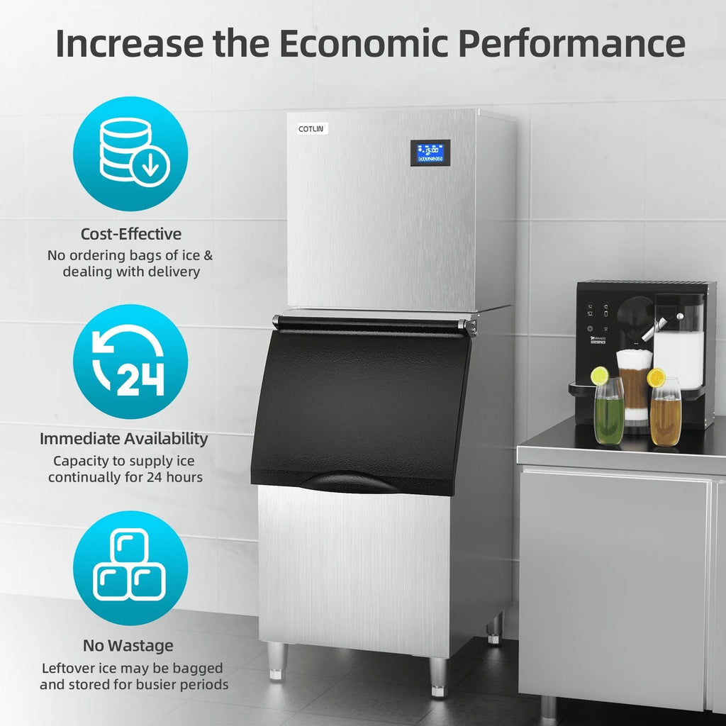 OUTBID 500LBS/24H Split Commercial Ice Maker, 350LBS Bin, Nugget & Clear Cube Pellet Ice, 8-15min Ice-Ready