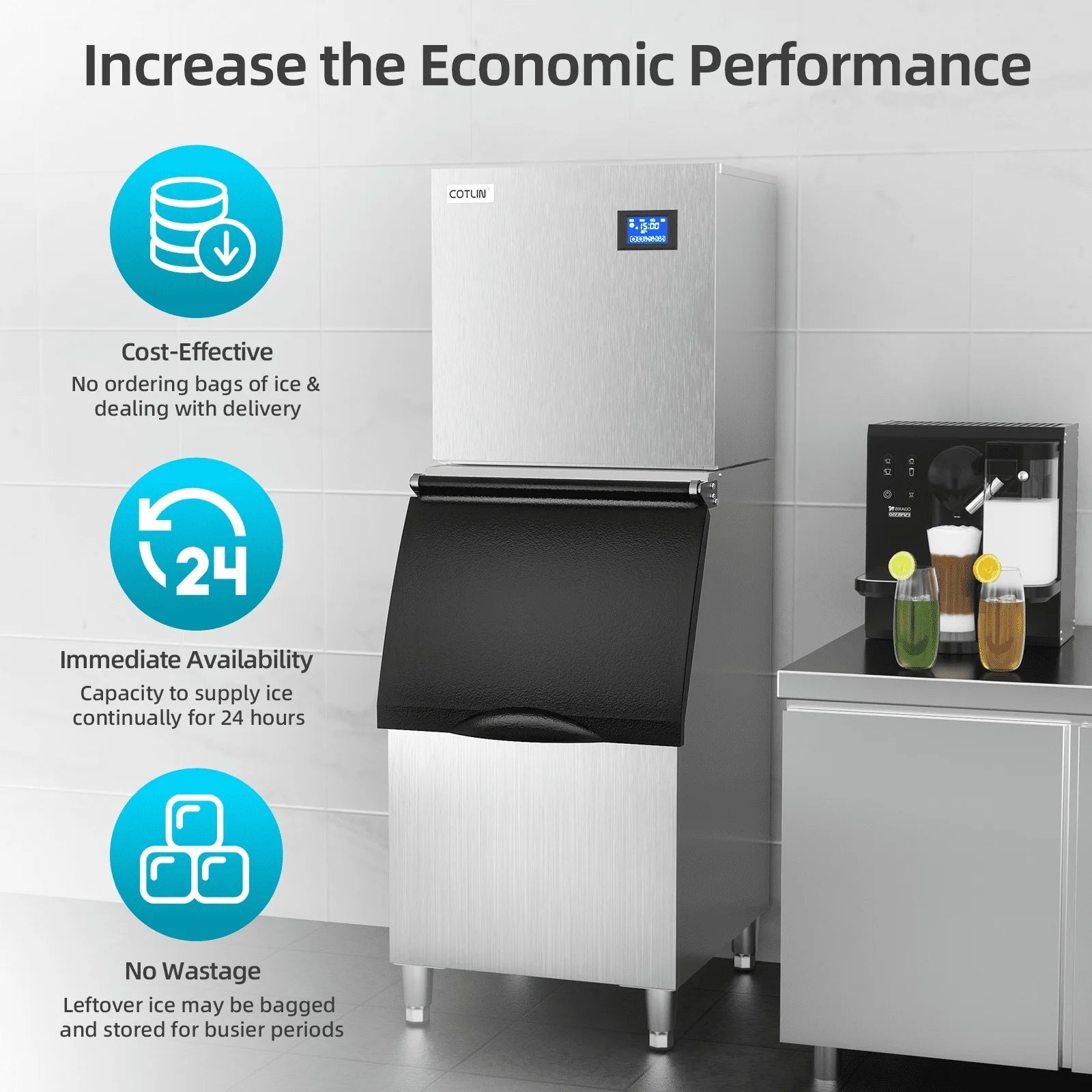 OUTBID 500LBS/24H Split Commercial Ice Maker, 350LBS Bin, Nugget & Clear Cube Pellet Ice, 8-15min Ice-Ready
