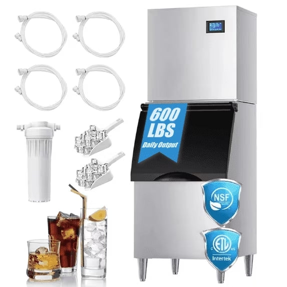 OUTBID 600LBS/24H Split Commercial Ice Maker, 350LBS Bin, Nugget & Clear Cube Pellet, 8-15min Ice-Ready
