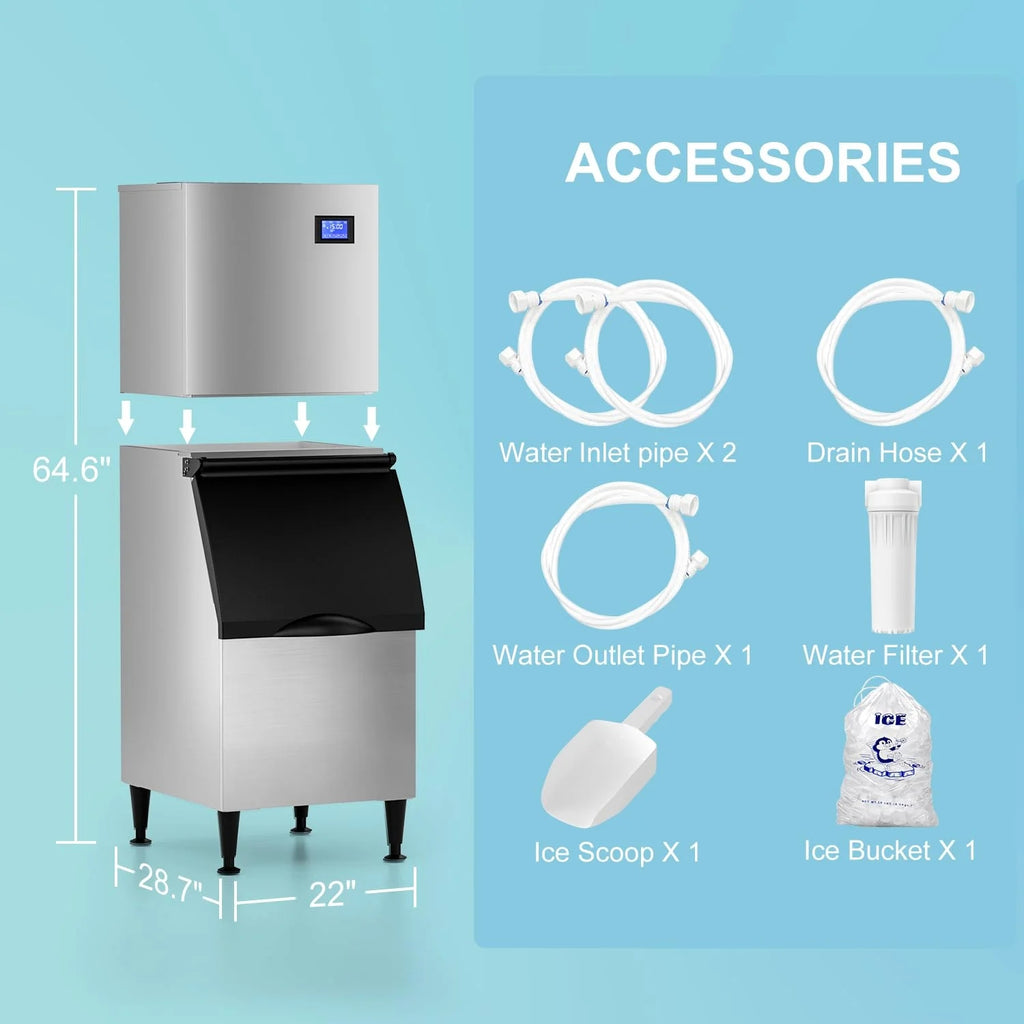 OUTBID 600LBS/24H Split Commercial Ice Maker, 350LBS Bin, Nugget & Clear Cube Pellet, 8-15min Ice-Ready
