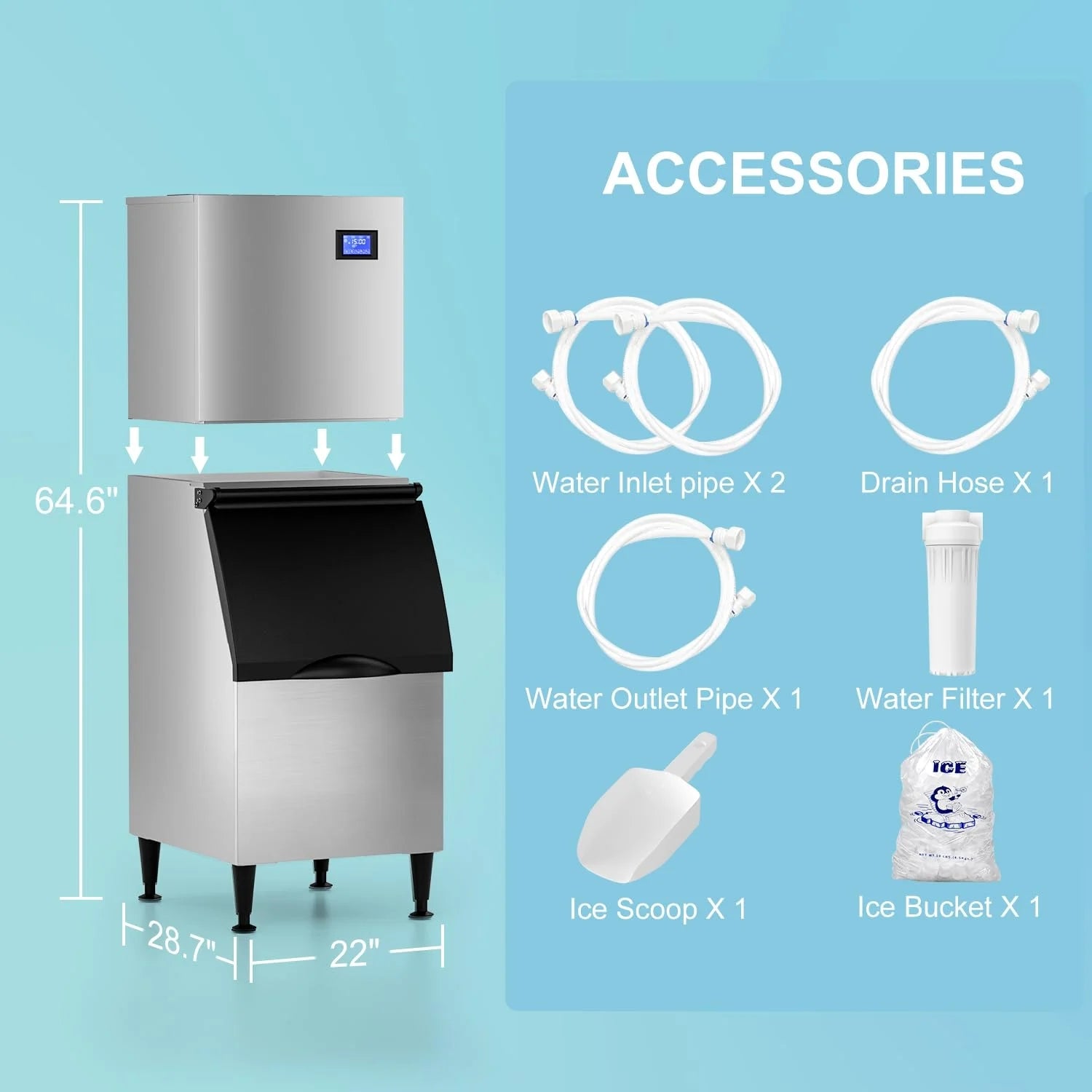 OUTBID 600LBS/24H Split Commercial Ice Maker, 350LBS Bin, Nugget & Clear Cube Pellet, 8-15min Ice-Ready