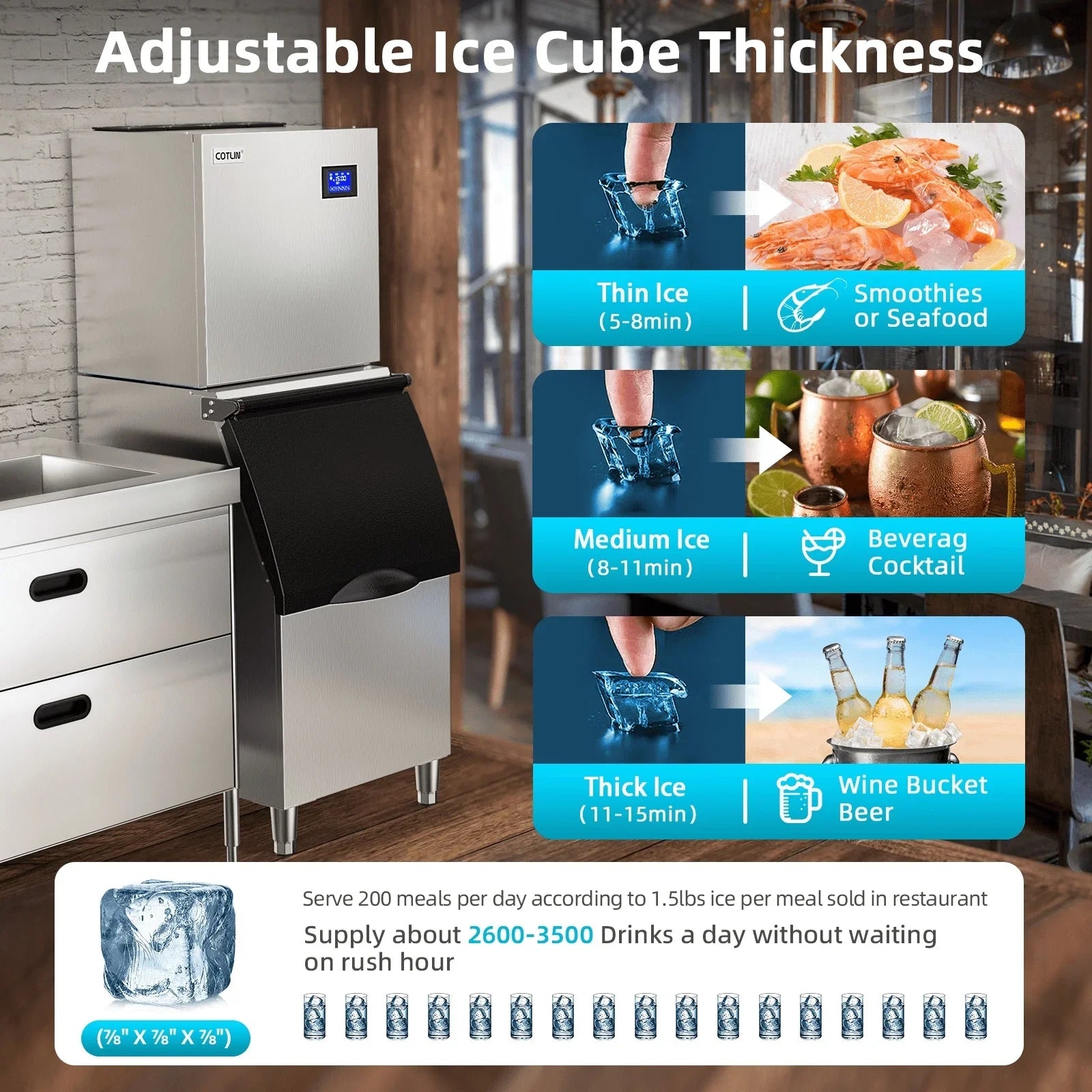 OUTBID 600LBS/24H Split Commercial Ice Maker, 350LBS Bin, Nugget & Clear Cube Pellet, 8-15min Ice-Ready