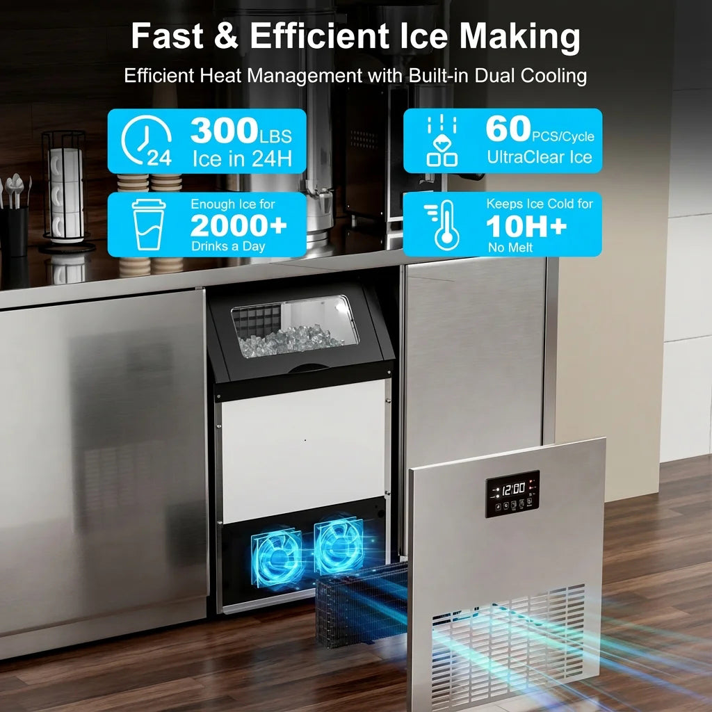 OUTBID 300LBS/24H 20" Under Counter Commercial Ice Maker, 33LBS Bin, Built-in Cleaning, ETL Approved, for Restaurants/Bars