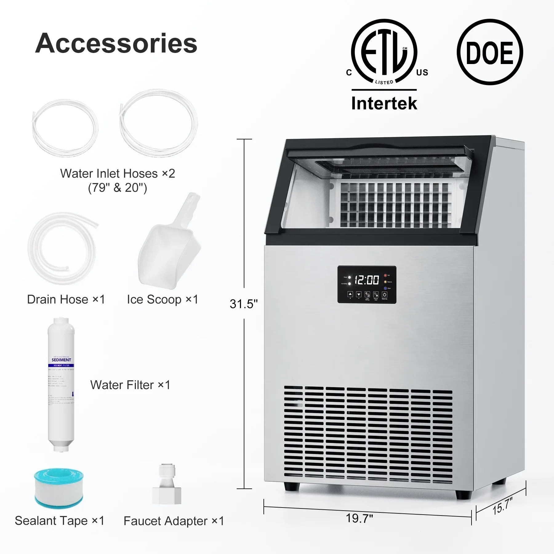 OUTBID 300LBS/24H 20" Under Counter Commercial Ice Maker, 33LBS Bin, Built-in Cleaning, ETL Approved, for Restaurants/Bars