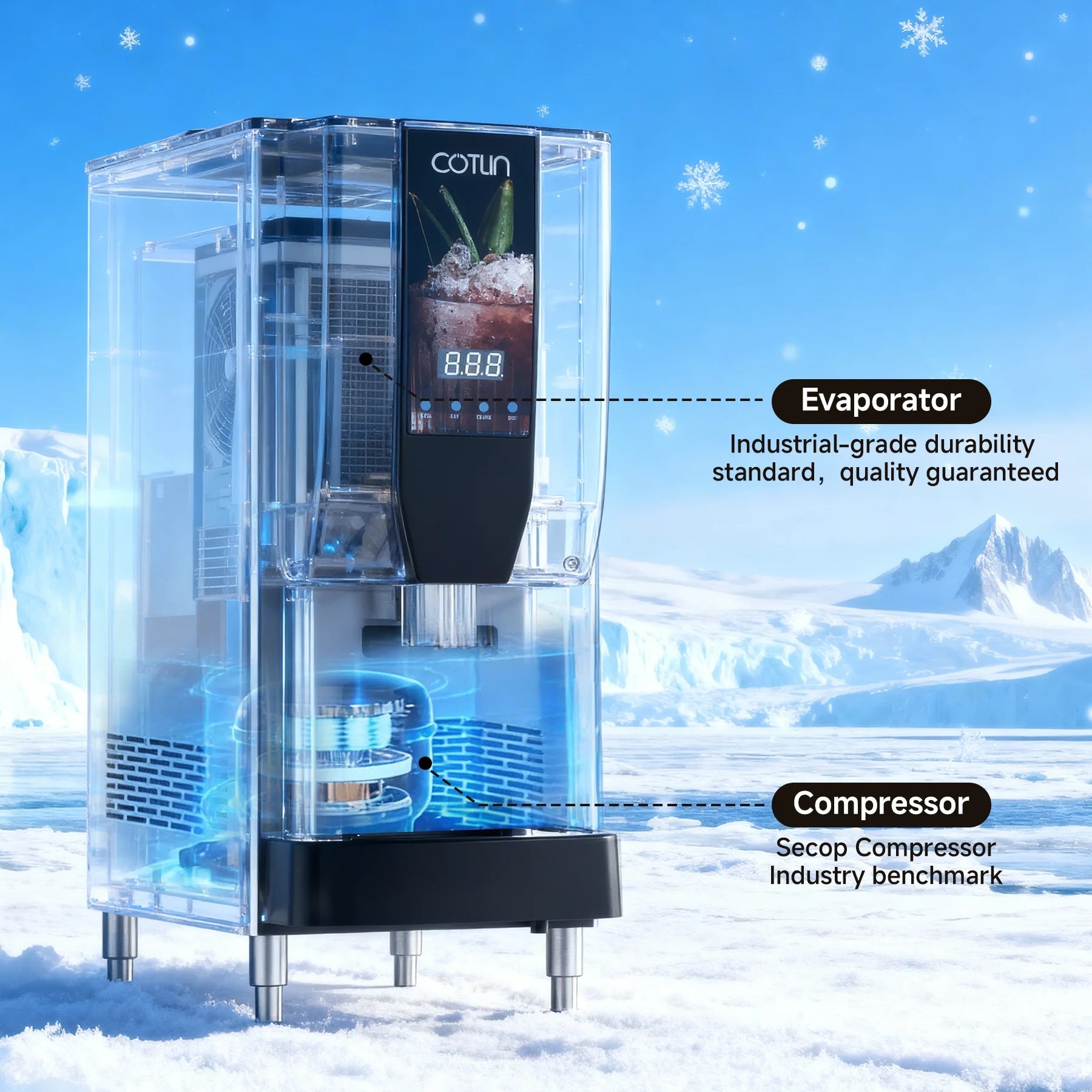 OUTBID Nugget Ice Maker, 250Lbs/Day, 4-5 Minute Ice, 3-in-1 Auto-Cleaning, Stainless Steel Commercial Countertop