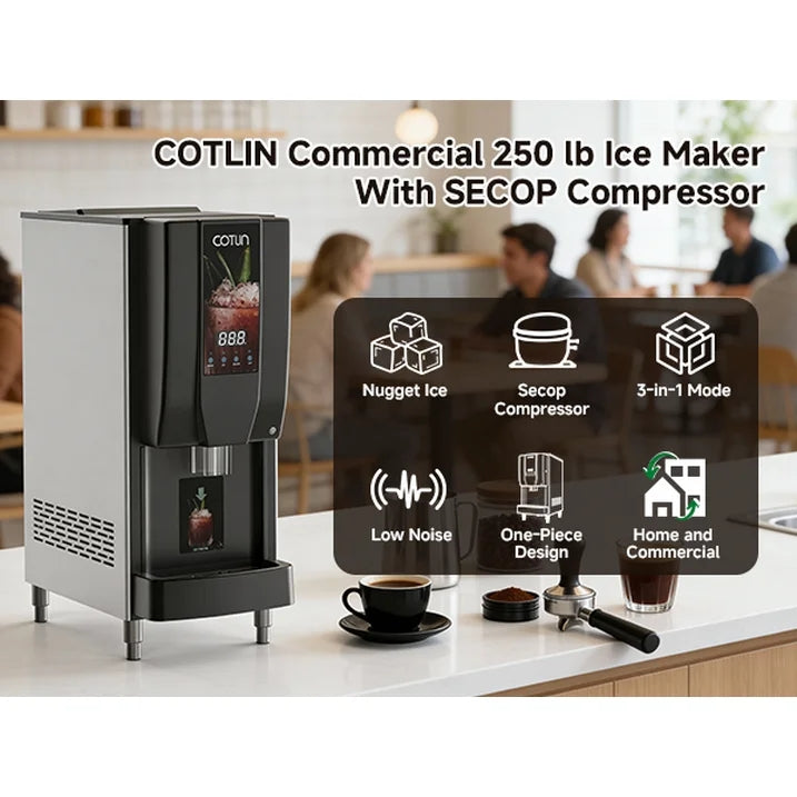 OUTBID Nugget Ice Maker, 250Lbs/Day, 4-5 Minute Ice, 3-in-1 Auto-Cleaning, Stainless Steel Commercial Countertop