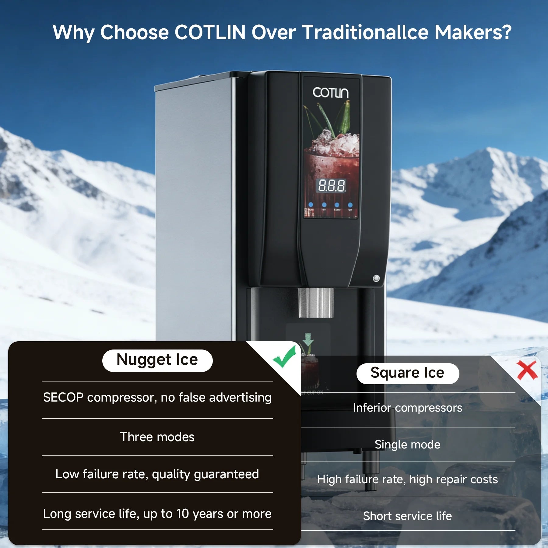 OUTBID Nugget Ice Maker, 250Lbs/Day, 4-5 Minute Ice, 3-in-1 Auto-Cleaning, Stainless Steel Commercial Countertop
