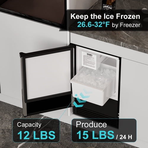 OUBID 15"W Drainless Under Counter Ice Maker, 22 lbs Storage Bin, Crescent Ice, Built-In/Freestanding Ice Maker, No Drain Required, ETL Certified, for Residential & Commercial Use